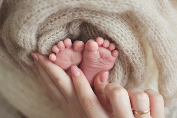 legs of a newborn baby in mom's hand