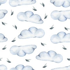 Cute watercolor pattern of cloud pillow and small leafes