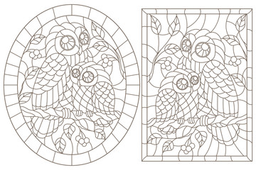 Set of contour illustrations with owls, dark contours on white background, oval  and rectangular image in the frame