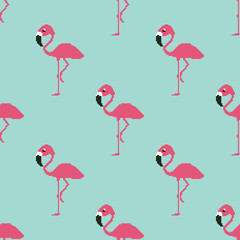 Seamless pattern of pink flamingo vector illustration. Pixel art. 8 bit