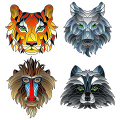A set of stained glass items, stained glass with animal heads, a wolf, a tiger, a monkey and a raccoon, isolates on white background