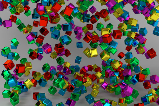 Shiny, cloured bubes falling.