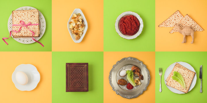 Jewish holiday Passover concept with matzo, seder plate and traditinal dishes.