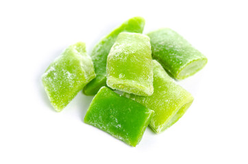 Frozen vegetable green beans on white background isolation