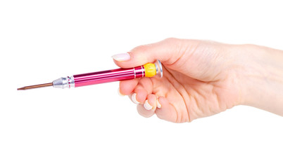 Screwdriver for repairing mobile phones in hand on a white background. Isolation