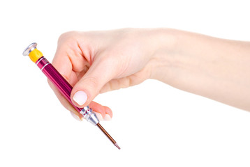 Screwdriver for repairing mobile phones in hand on a white background. Isolation