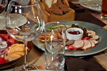 delicious dishes on the table in the restaurant. serving table.