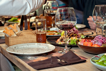 delicious dishes on the table in the restaurant. serving table.