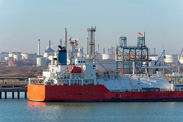 A liquid petroleum tanker vessel on a refinery berth