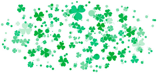 St. Patricks day background with shamrock. Lucky trefoil confetti.  Shining clover shamrock leaves on white background. Template for poster, gift certificate, greeting cards design, banner