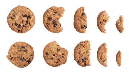 Homemade chocolate chip cookies isolated on white background.