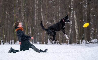 beautiful young girl playing frisbee in the snow with a black dog