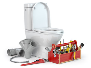 Plumbing repair service. Bowl and bidet with plumbing tools for a plumber and pvc plastic tubes.