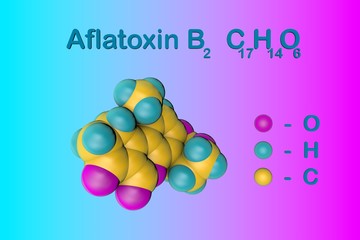 Molecular structure of aflatoxin B2. Atoms are represented as spheres with color coding: oxygen (pink), hydrogen (light blue), carbon (yellow). 3d illustration
