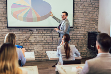Confident speaker giving public presentation using projector in conference room