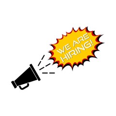 Megaphone and comic balloon with we are hiring text icon