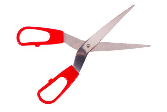 Scissors with red handle on white background, isolated