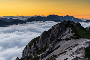 Sunset at Mt Tsubakuro in the Japan alps with clouds
