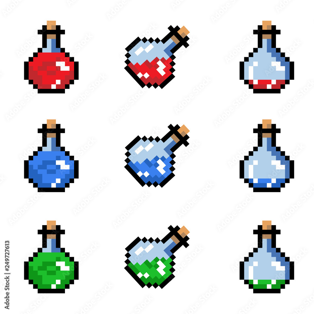 Poster set of potion bottles phial vial, pixel art style. pixel bottle of potion for games and websites. ve