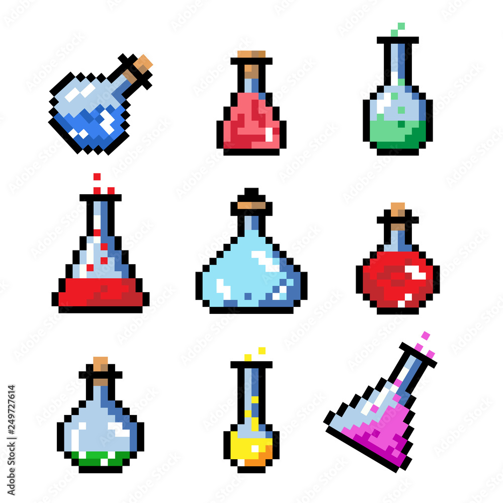 Poster set of potion bottles phial vial, pixel art style. pixel bottle of potion for games and websites. ve