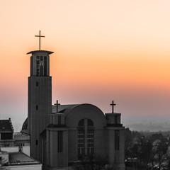 Tonal sunset over modern church