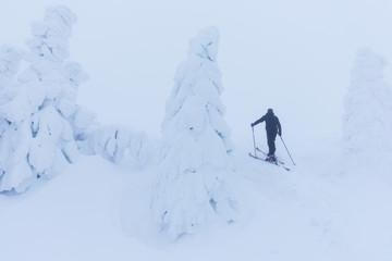 Backcountry skier pushing through the fog on a snowy slope. Ski touring in harsh winter conditions. Ski tourer sporting in in the mountains. Winter alpine landscape and wide mountain landscape