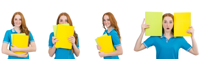 Female student with notes isolated on white 