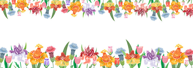 Colorful floral border with spring flower and place for your text. Pastel floral elements. White background
