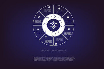 Area chart,ring chart, pie chart. Concept  illustration or background. Business infographic. Vector monochrome template 8 positions