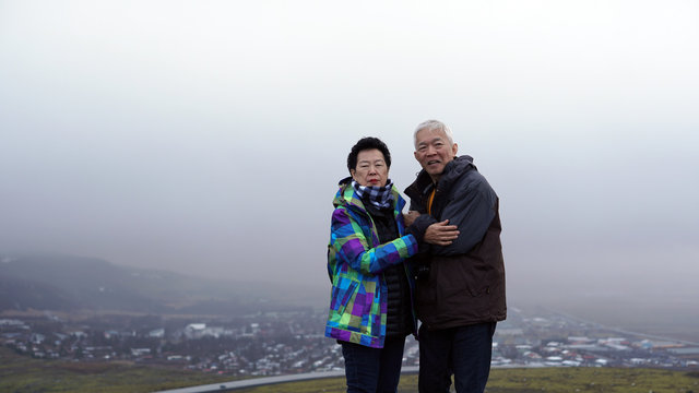 Asian senior coupel anniversary tour trip to Iceland