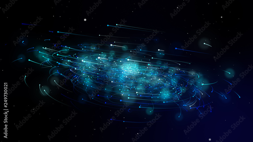 Wall mural simulation of galaxy light motion of stars in dark background, future energy and data technology of 