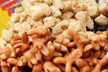 Fried meatballs and sausage at street food