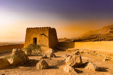 Defensive Fortress in the Desert. Dhayah Foryt - Historic landmark. Ras Al Khaimah, UAE, Jun.2018