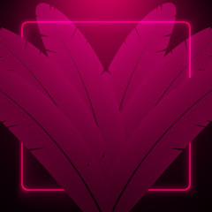 Pink feather background. Abstract composition with pink neon frame.
