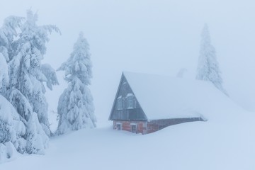 Alps in a extremely cold and frosty winter conditions. Extreme cold and deep snow, strong snowstorm. Foggy winter weather. Old frost covered country house surrounded by snowy trees. Christmas time