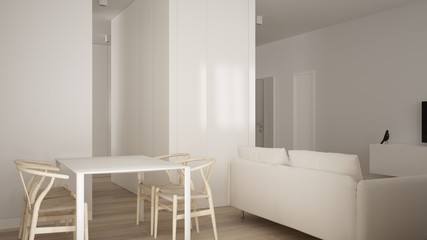 Small apartment with parquet floor, dining table and white sofa in contemporary living room, one-room apartment in minimalist style, modern interior design architecture concept