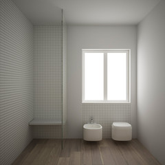 Plakat Modern minimalist bathroom with parquet oak wood floor and white mosaic tiles, window and walk-in shower, contemporary architecture interior design