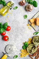 Ingredients and props for cooking of traditional italian dish.Top view with copy space.