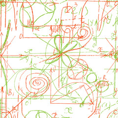 Math and Geometry seamless pattern with handwriting and drawing of various graph solutions. Geometry and mathematics subjects graphics. College lectures. Vector.