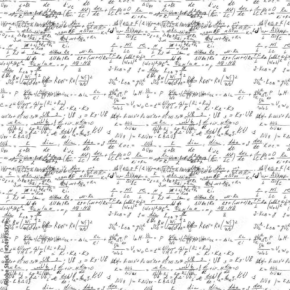 Poster math seamless board with handwritten mathematical and physics formulas and proves. vector