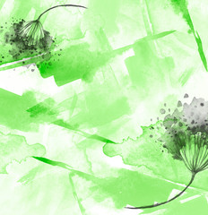 Watercolor bouquet of flowers, dandelion, inflorescence, dill, hogweed.  abstract splash of paint, fashion illustration. field or garden flowers. Suburban summer, autumn landscape.Watercolor card