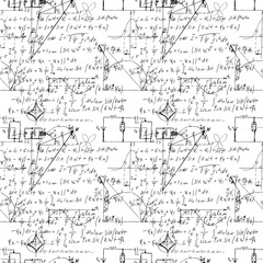 Fototapeta premium Matematyczna bezszwowa tekstura z odręcznymi wzorami matematycznymi, algebrą i geometrią oraz wykresami, funkcjami, obliczeniami i operacjami. Wektor.