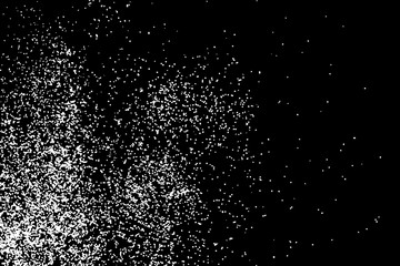 White glitter texture isolated on black. White particles color. Holiday Celebration background, sparkles explosion of confetti for cards design. Vector.