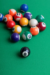 Billiard balls on a green table close-up