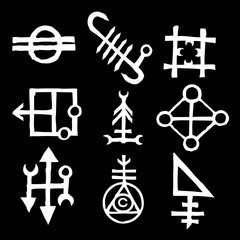 Mystic set with magic circles, pentagram and imaginary chakras symbols. Collection of icons with witchcraft and occult hand writing letters. Esoteric concept. Vector