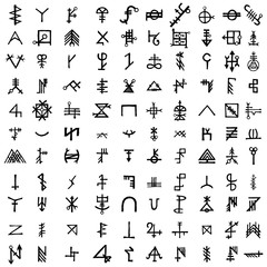 Large set of alchemical symbols isolated on white background. Hand drawn and written elements for signs design. Inspiration by mystical, esoteric, occult theme. Vector.