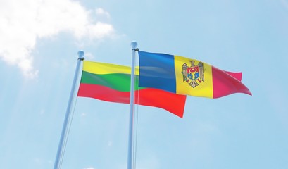 Moldova and Lithuania, two flags waving against blue sky. 3d image