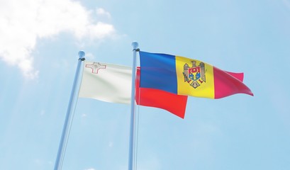 Moldova and Malta, two flags waving against blue sky. 3d image