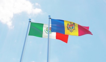 Moldova and Mexico, two flags waving against blue sky. 3d image