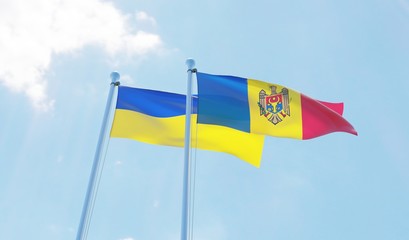 Moldova and Ukraine, two flags waving against blue sky. 3d image
